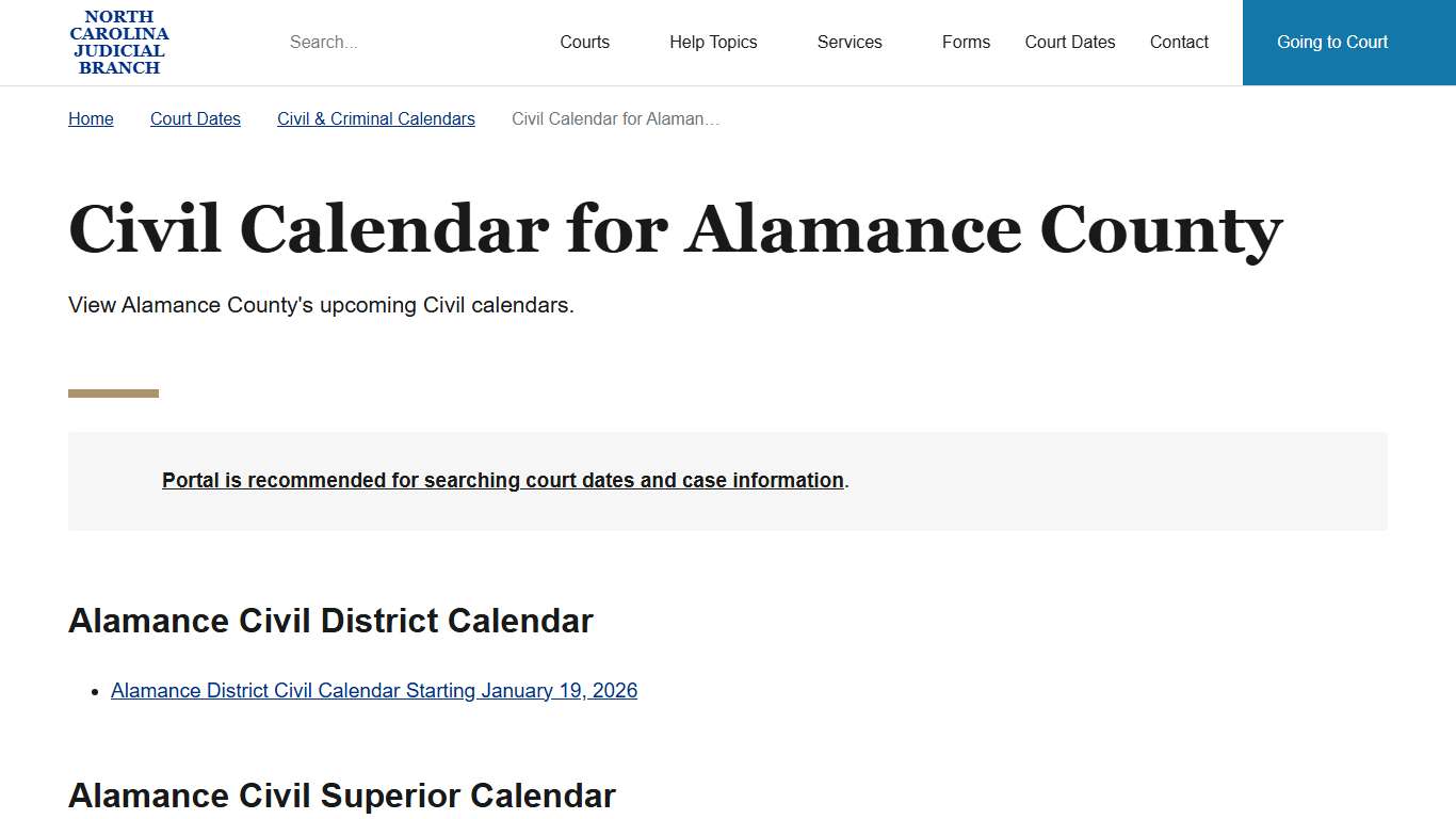 NC Judicial Branch Civil and Criminal Calendars
